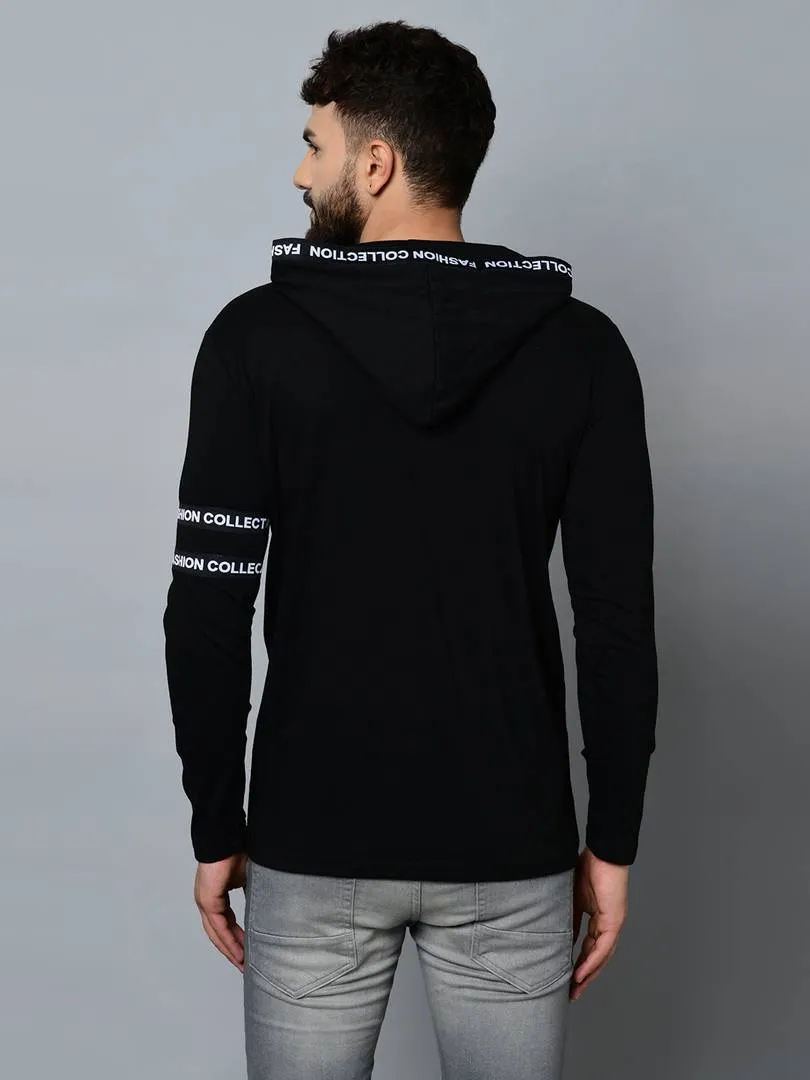 Men's Black Cotton Blend Self Pattern Hooded Tees