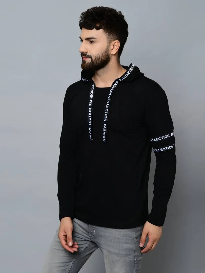 Men's Black Cotton Blend Self Pattern Hooded Tees