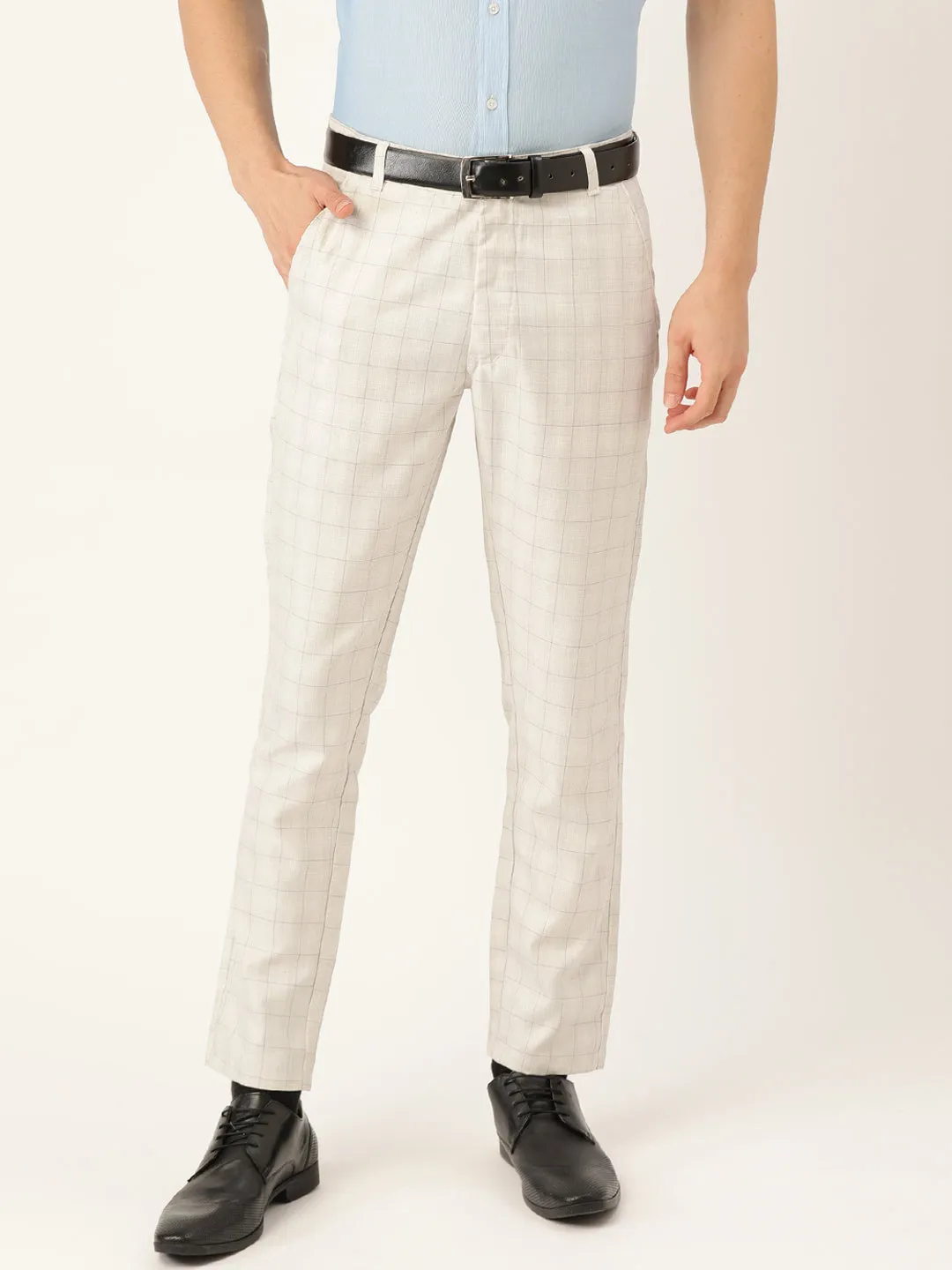 Men's Cotton Blend Cream & Grey Checked Formal Trousers - Sojanya