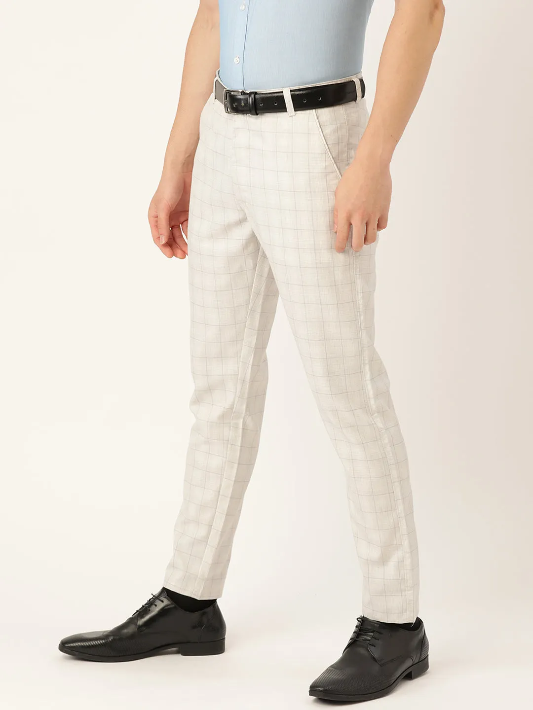 Men's Cotton Blend Cream & Grey Checked Formal Trousers - Sojanya