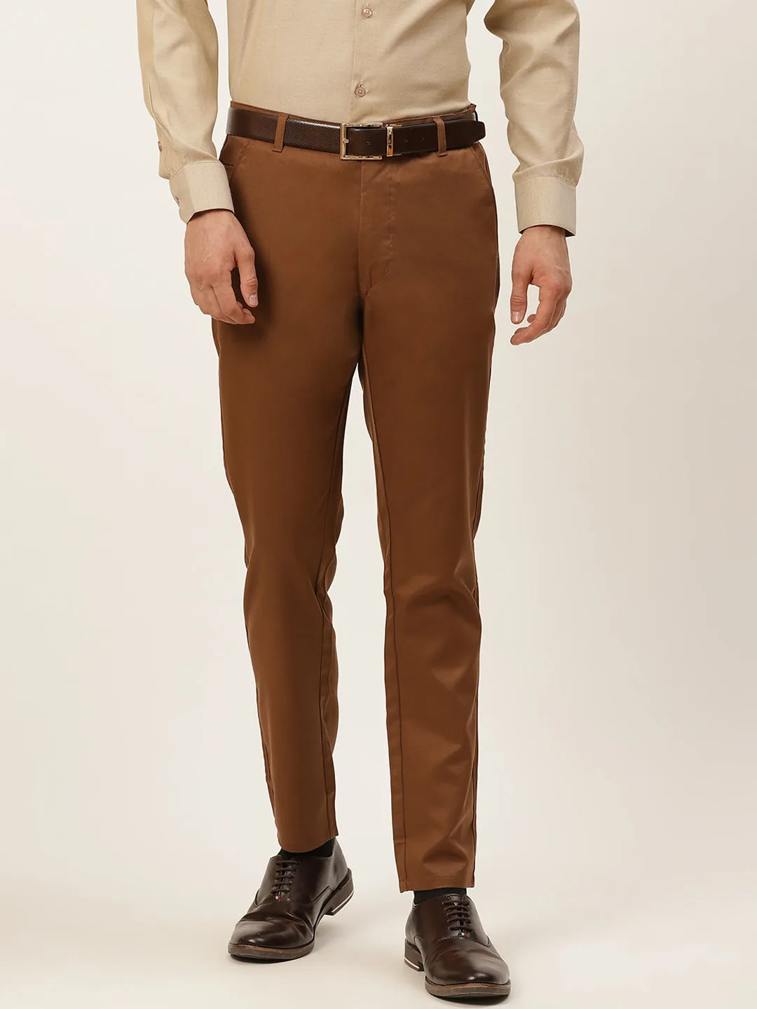 Men's Cotton Blend Dark Brown Solid Formal Trousers - Sojanya