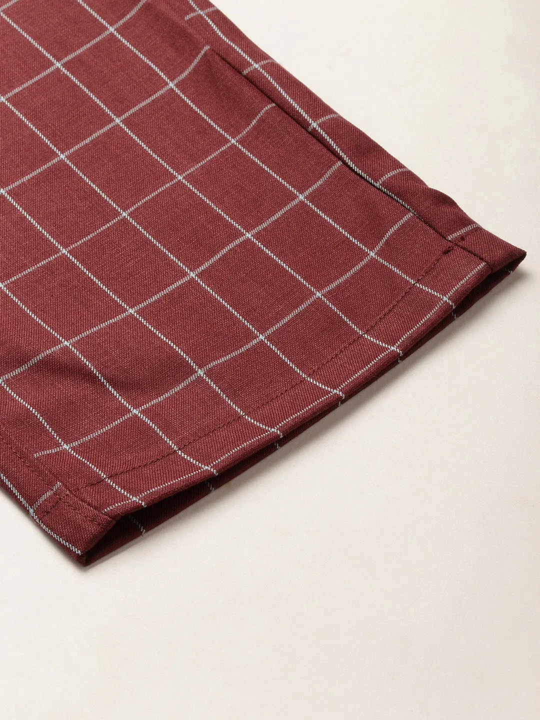 Men's Cotton Blend Maroon & Blue Checked Formal Trousers - Sojanya