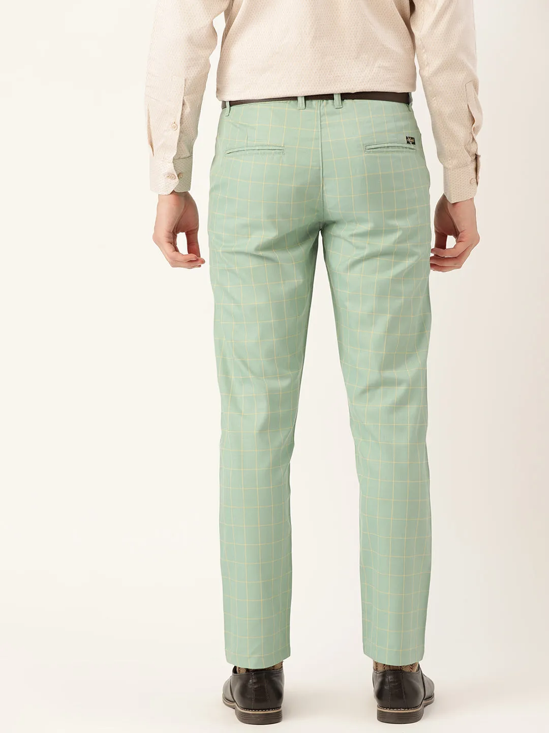 Men's Cotton Blend Sea Green & Yellow Checked Formal Trousers - Sojanya