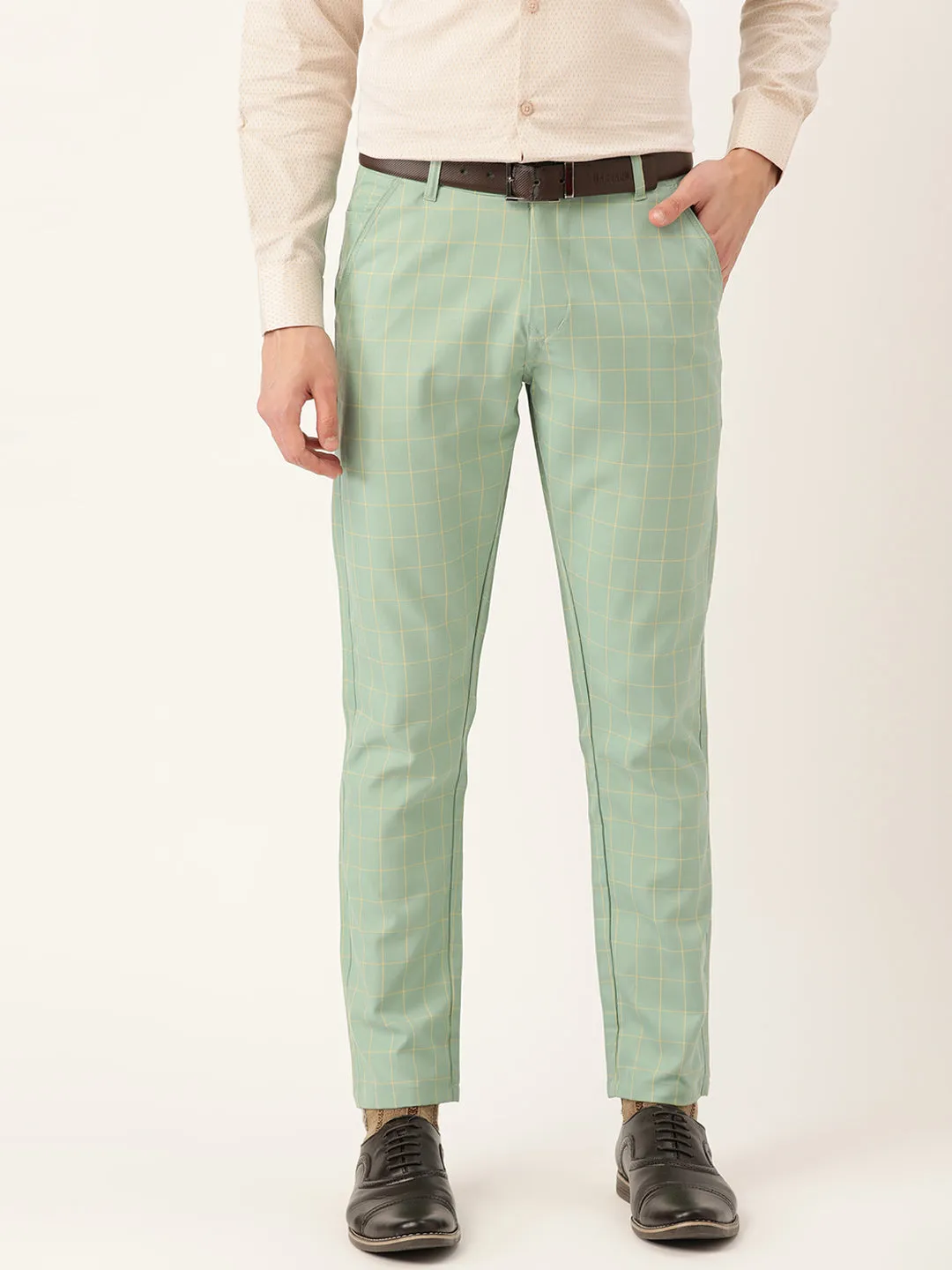 Men's Cotton Blend Sea Green & Yellow Checked Formal Trousers - Sojanya