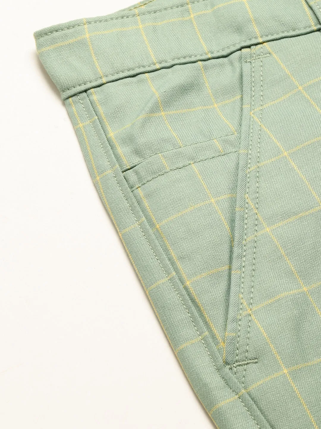 Men's Cotton Blend Sea Green & Yellow Checked Formal Trousers - Sojanya