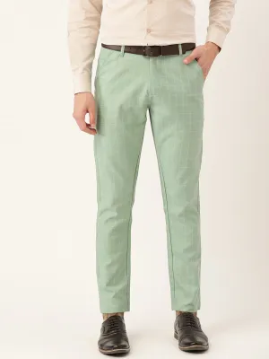 Men's Cotton Blend Sea Green & Yellow Checked Formal Trousers - Sojanya