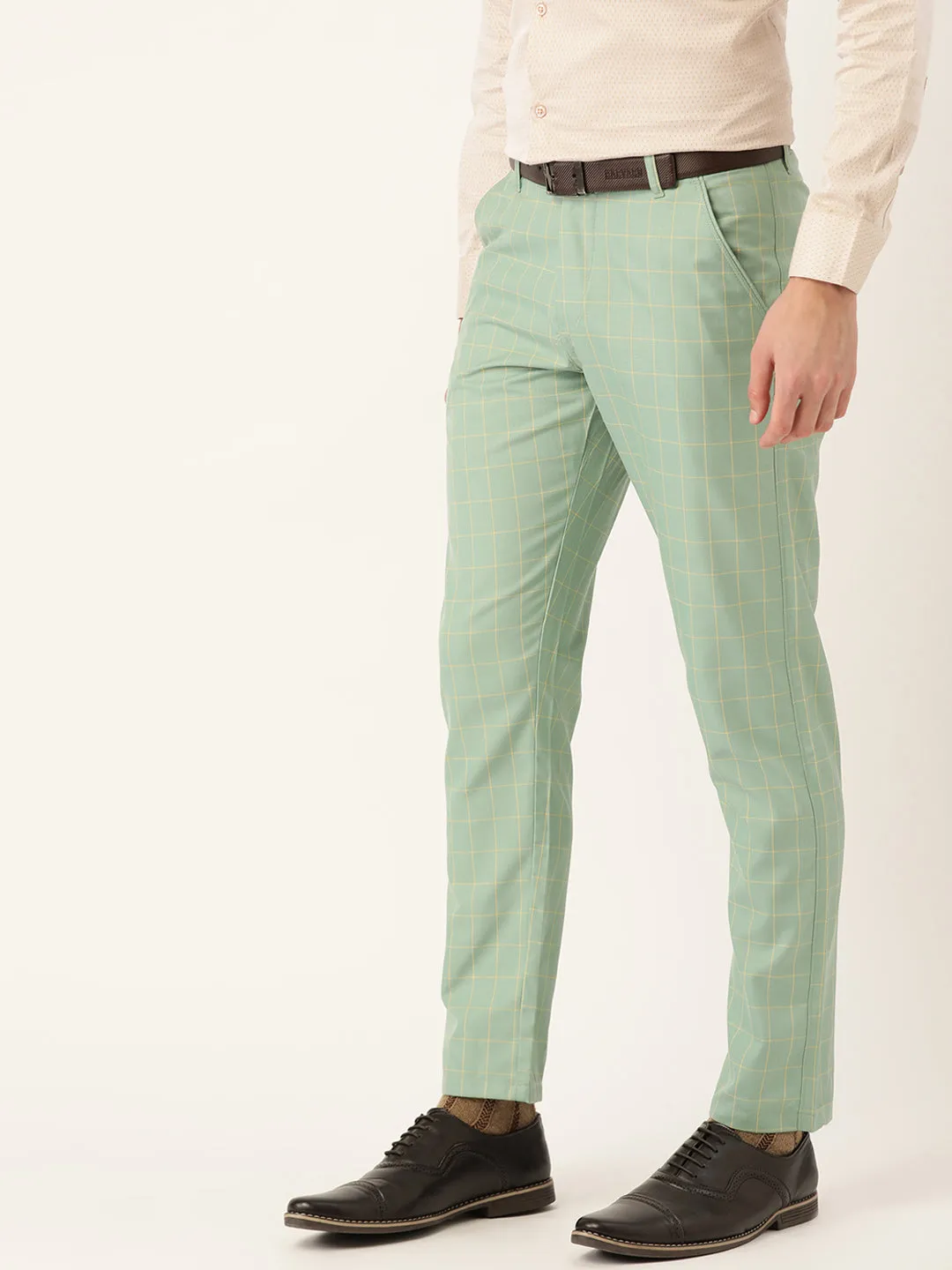 Men's Cotton Blend Sea Green & Yellow Checked Formal Trousers - Sojanya