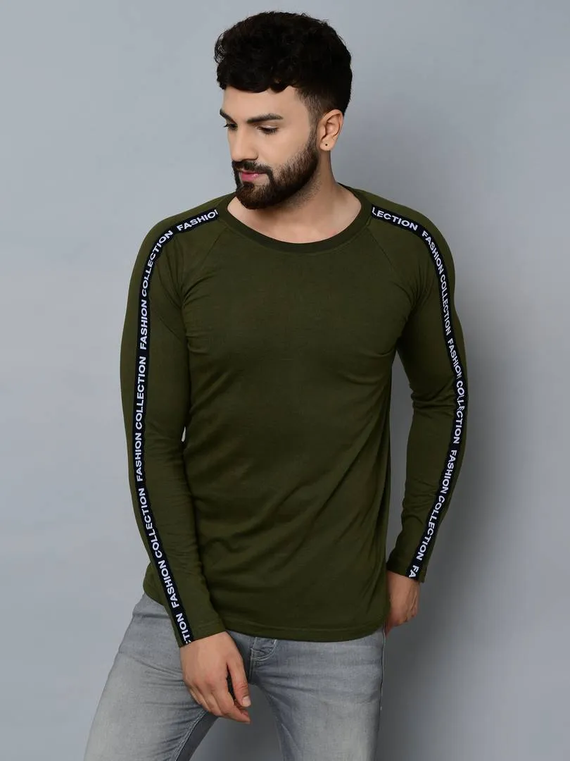 Men's Green Cotton Self Pattern Round Neck Tees