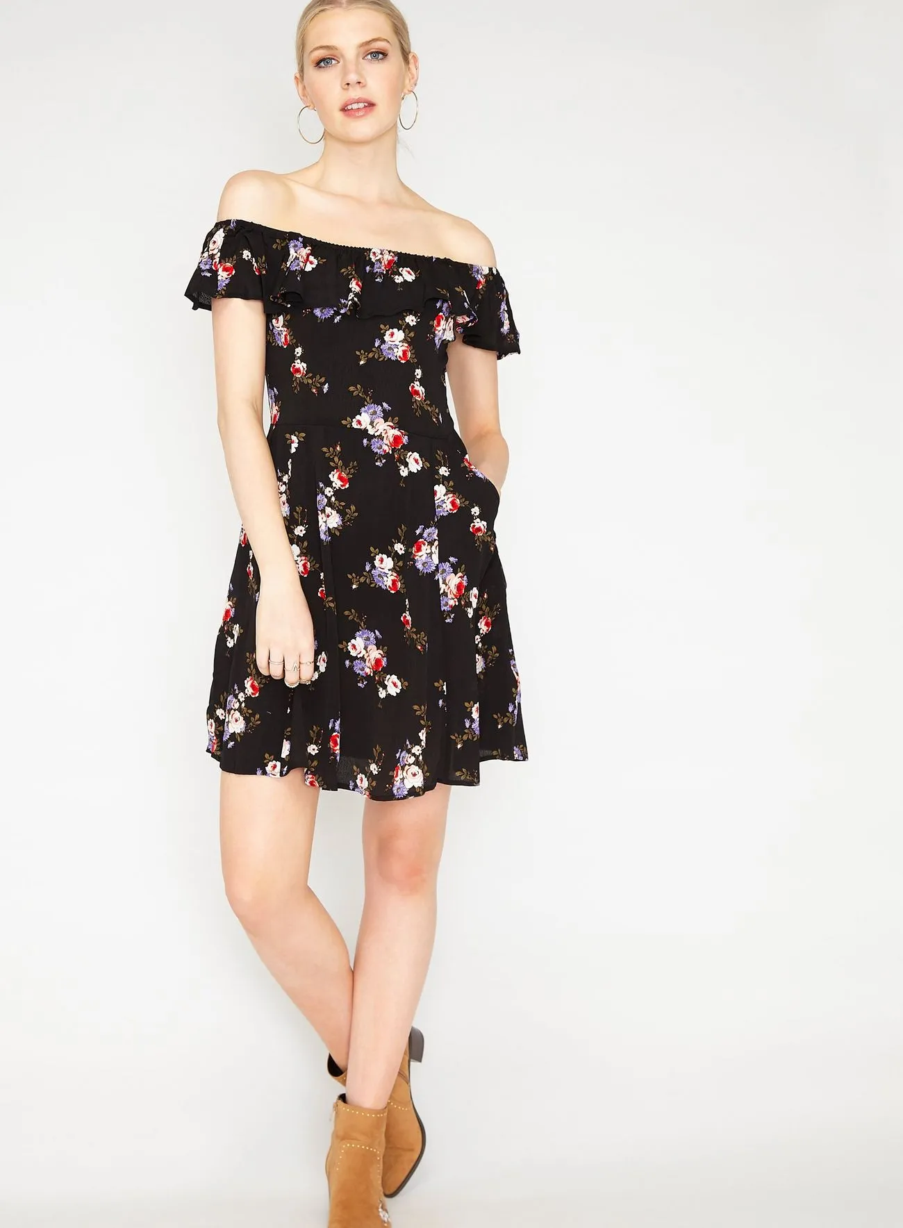 Miss Selfridge Womens Black Floral Print Bardot Skater Dress