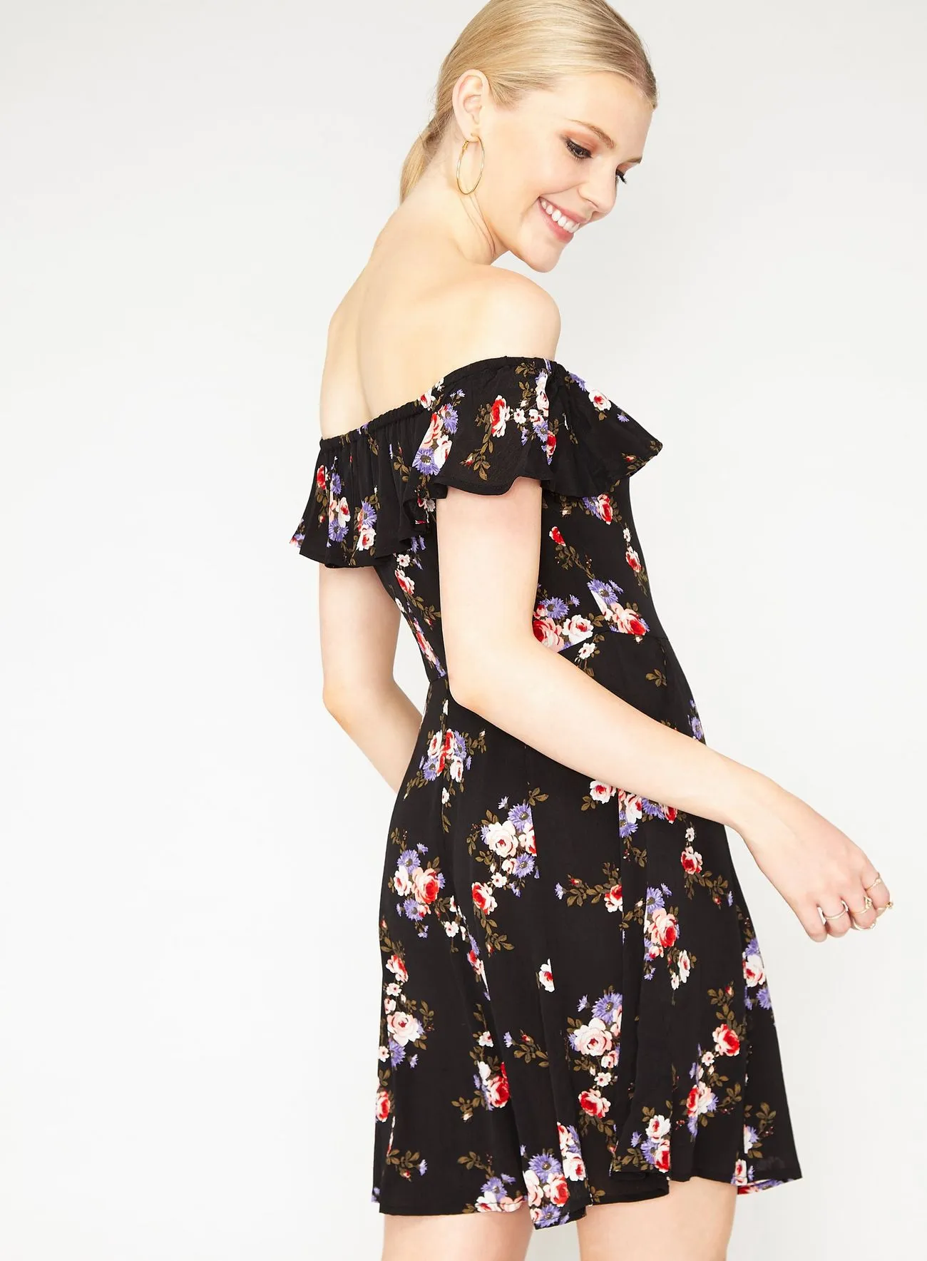 Miss Selfridge Womens Black Floral Print Bardot Skater Dress