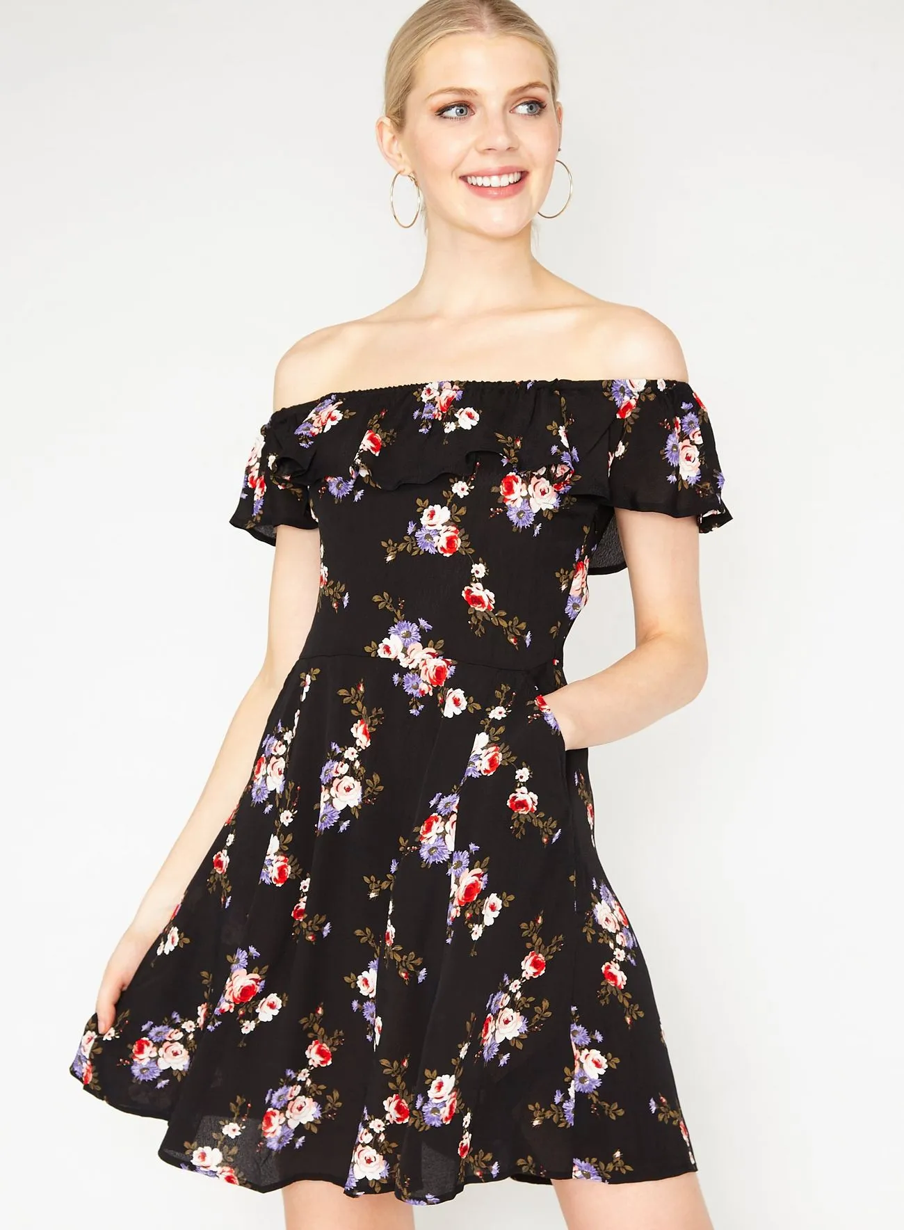 Miss Selfridge Womens Black Floral Print Bardot Skater Dress