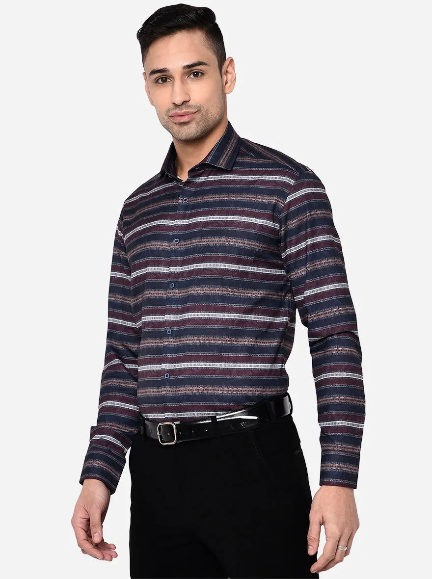 Navy Blue & Brown Striped Slim Fit Party Wear Shirt | Greenfibre