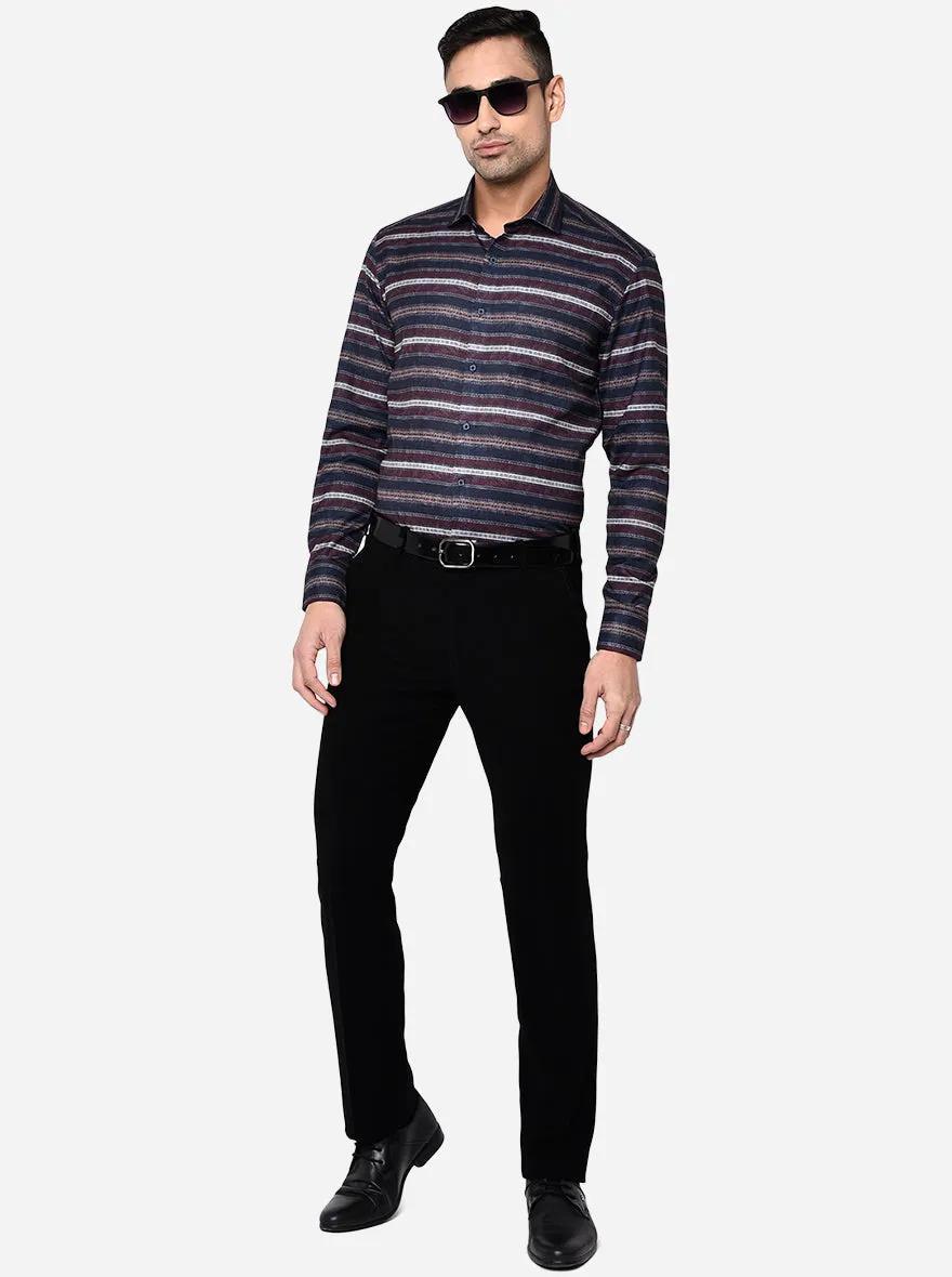 Navy Blue & Brown Striped Slim Fit Party Wear Shirt | Greenfibre