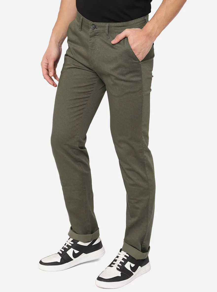 Olive Green Washed Slim Fit Casual Trouser | Greenfibre