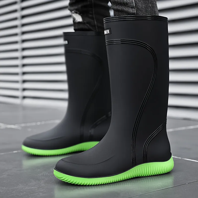 Universal Fit Solid Color Durable Waterproof High-Top Rain Boots - PVC Upper, Fabric Lining, Non-Slip PVC Sole, Slip-On Closure, Fabric Insole