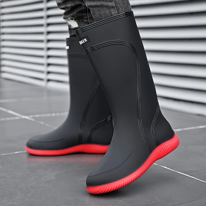 Universal Fit Solid Color Durable Waterproof High-Top Rain Boots - PVC Upper, Fabric Lining, Non-Slip PVC Sole, Slip-On Closure, Fabric Insole