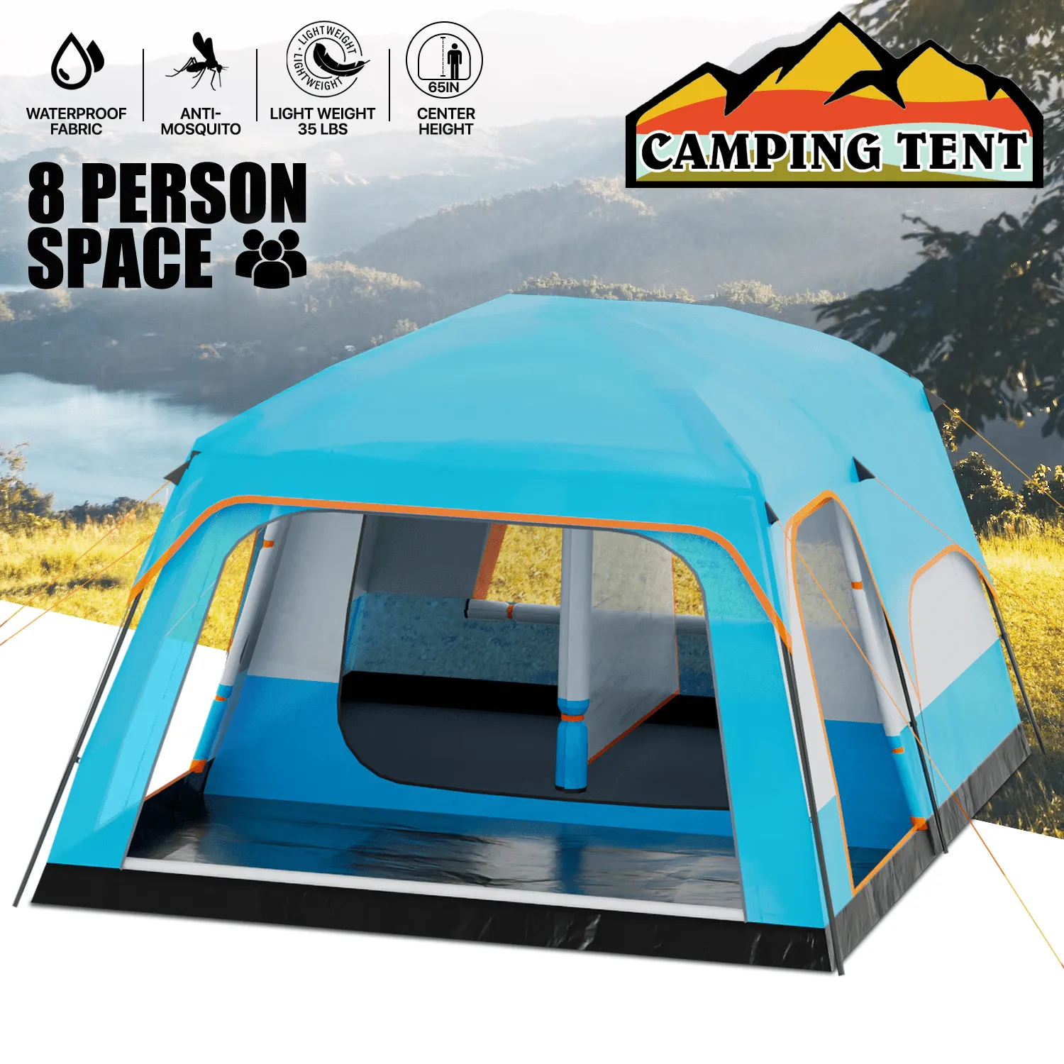 versatile Camping Tents, Family Tent with 2 Rooms, 5-8 Person Large Tent with 3 Doors for Camping, Waterproof Double Layer Tent for Picnic Survival Hiking Traveling, Blue