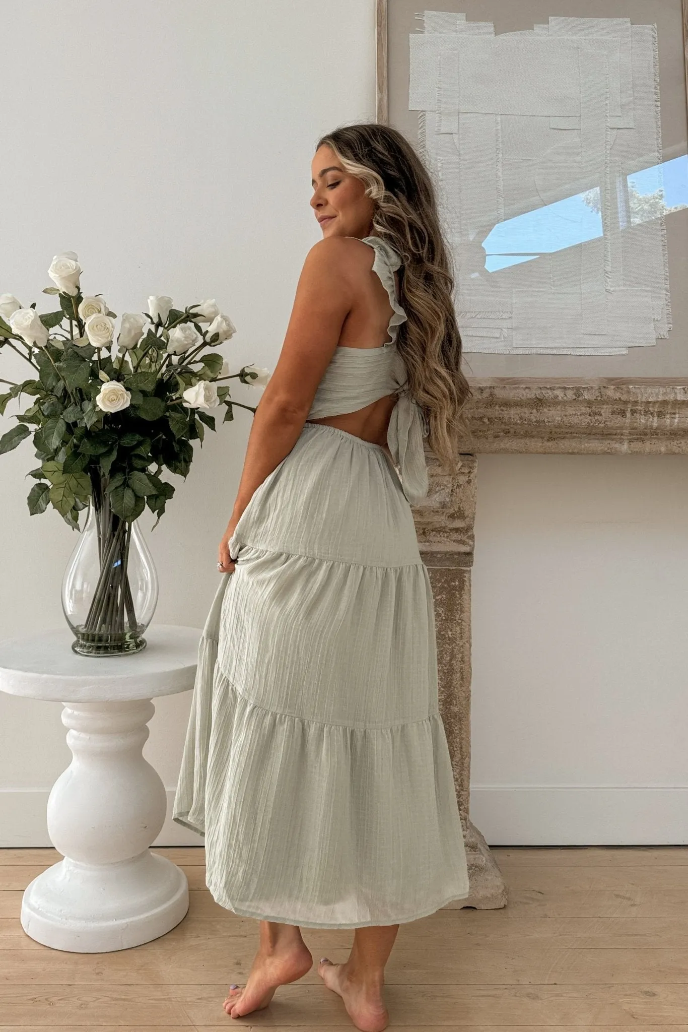 Women's Sage Tiered Ruffle Summer Maxi Dress | Light Sage Green