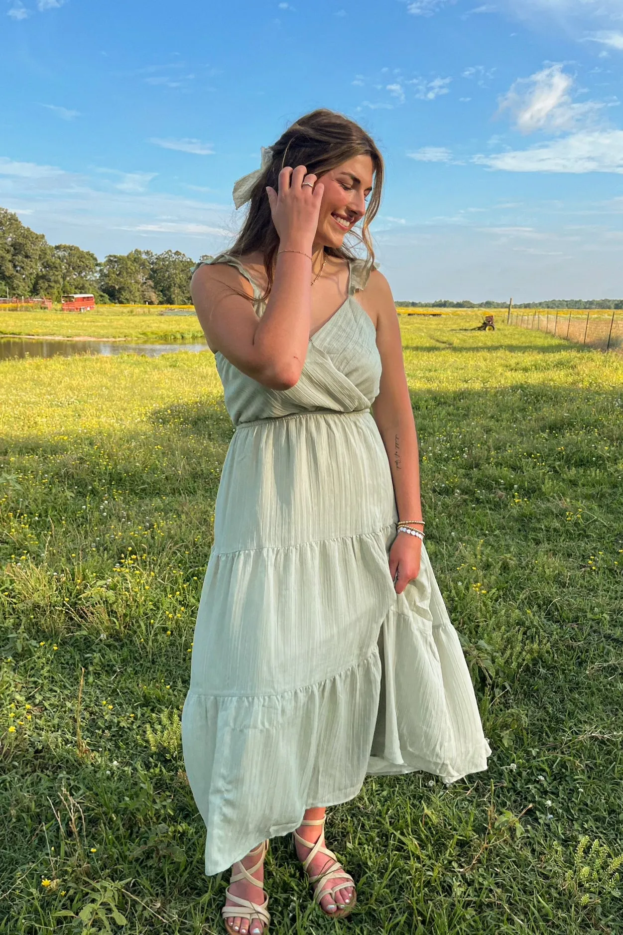 Women's Sage Tiered Ruffle Summer Maxi Dress | Light Sage Green