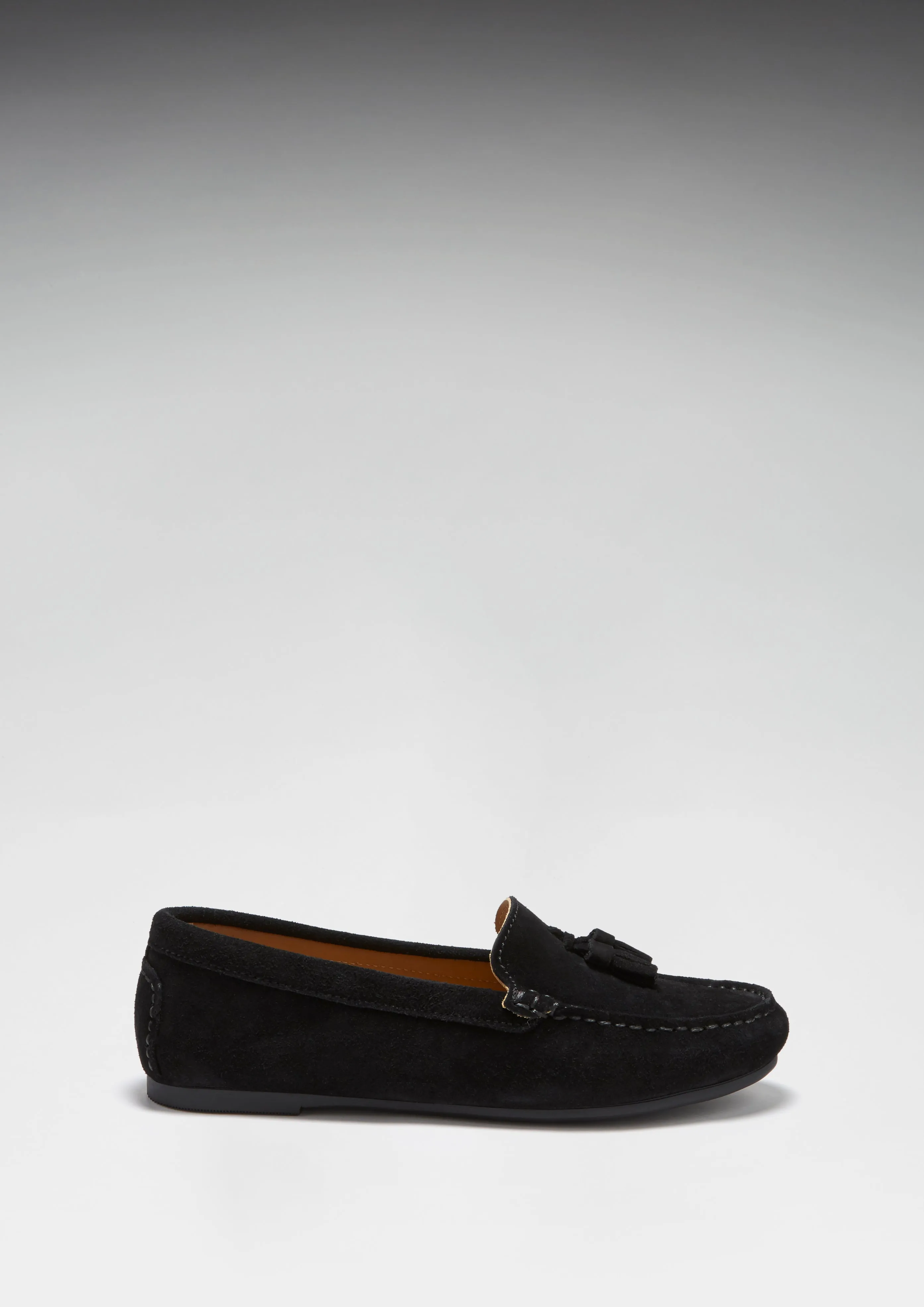 Women's Tasselled Driving Loafers Full Rubber Sole, black suede